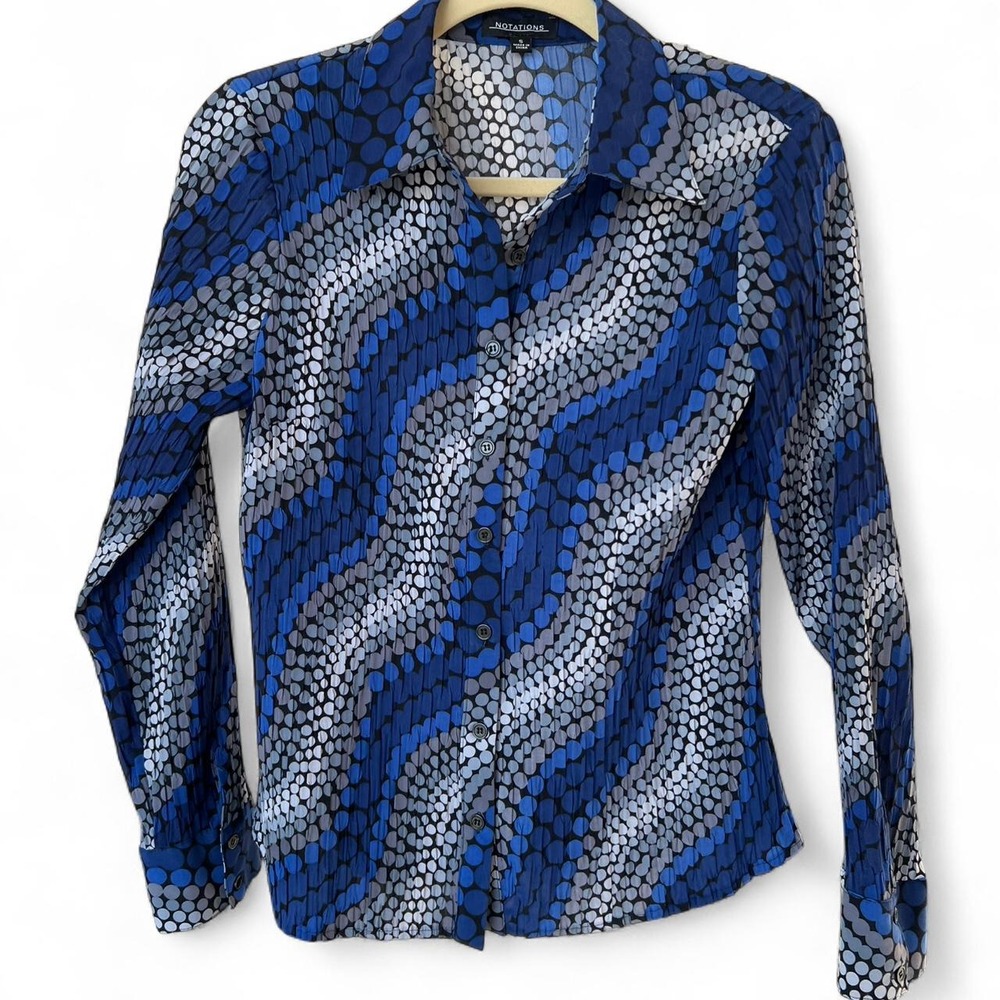 Blue and grey abstract pattern button down shirt with a relaxed fit